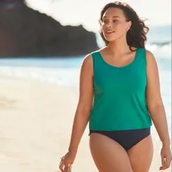 Lands' End Women's Plus Size Chlorine Resistant V-neck One Piece Fauxkini Swimsuit Faux Tankini Top