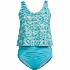 Lands' End Women's Plus Size Chlorine Resistant V-neck One Piece Fauxkini Swimsuit Faux Tankini Top