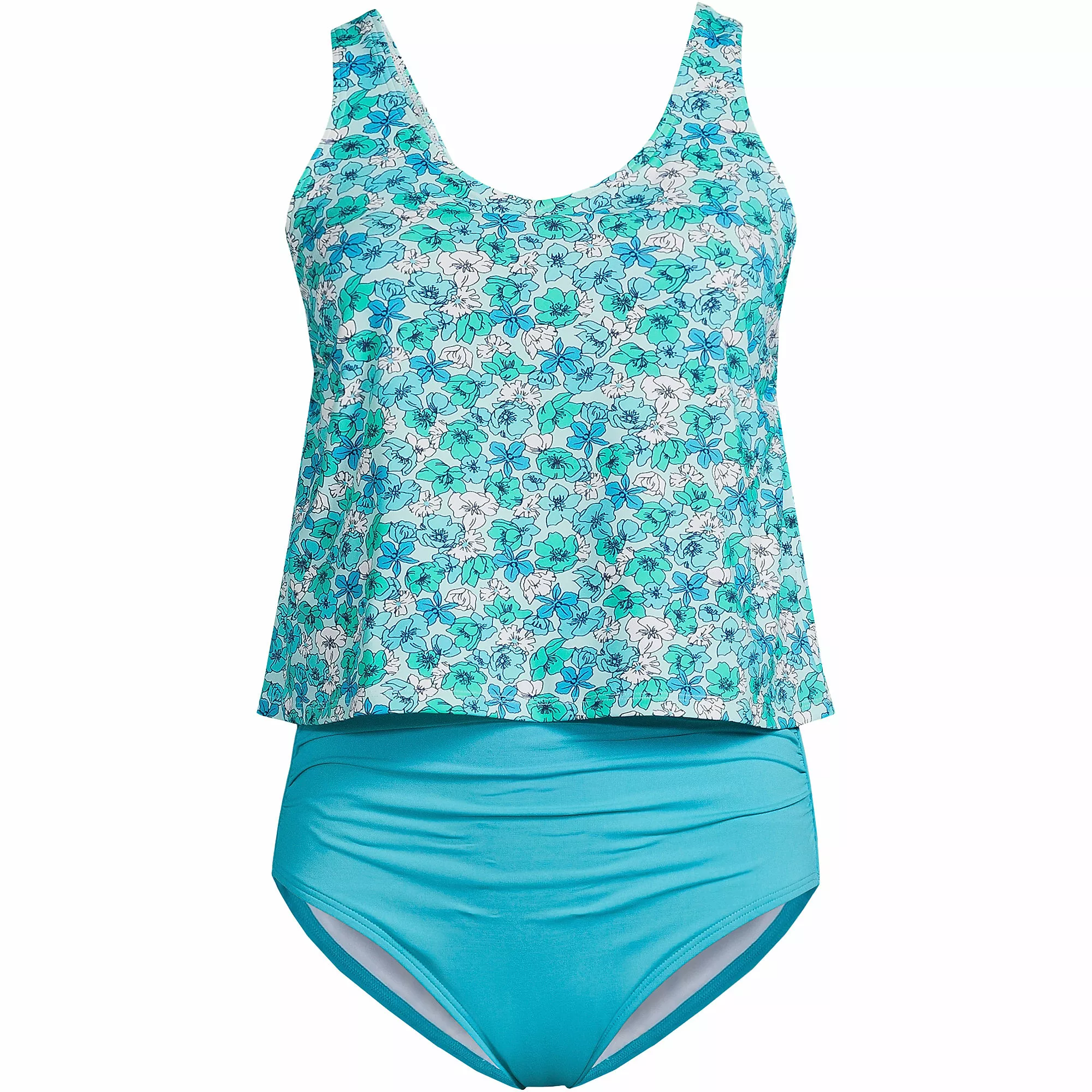 Lands' End Women's Plus Size Chlorine Resistant V-neck One Piece Fauxkini Swimsuit Faux Tankini Top