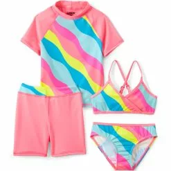 Lands' End Girls Rash Guard Swim Bikini And Shorts UPF50 Swimsuit Set