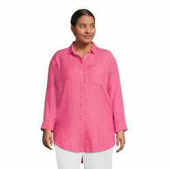 Lands' End Women's Plus Size Linen Long Sleeve Oversized Extra Long Tunic Top