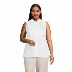 Lands' End Women's Plus Size Linen Sleeveless Pintuck Shirt