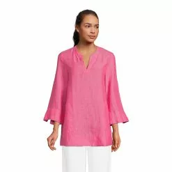 Lands' End Women's Linen Split Neck 3/4 Sleeve Tunic Top