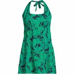 Lands' End Women's Plus Size Chlorine Resistant Square Neck Halter Swim Dress One Piece Swimsuit