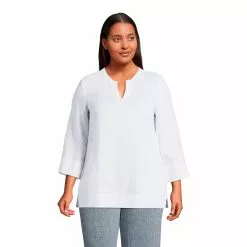 Lands' End Women's Plus Size Linen Split Neck 3/4 Sleeve Tunic Top