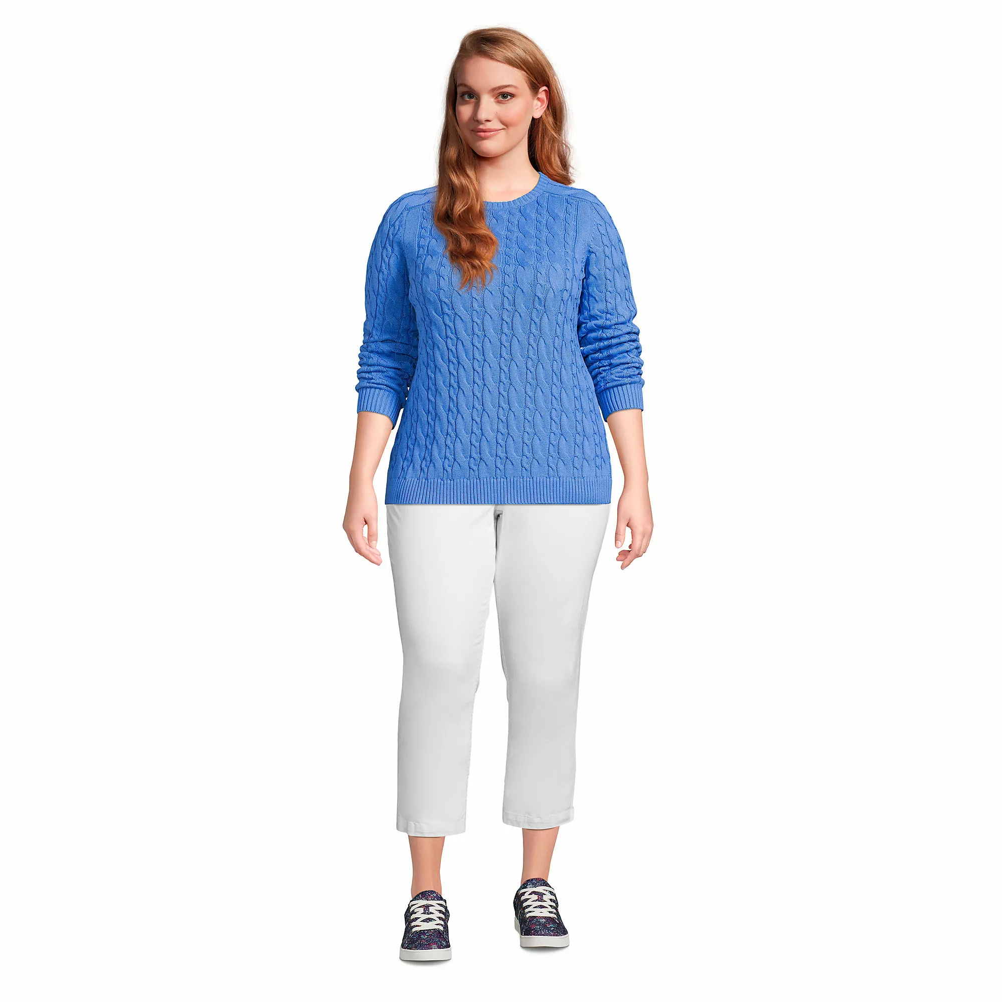 Lands' End Women's Plus Size Cotton Drifter Cable Crew Neck Sweater - Image 4
