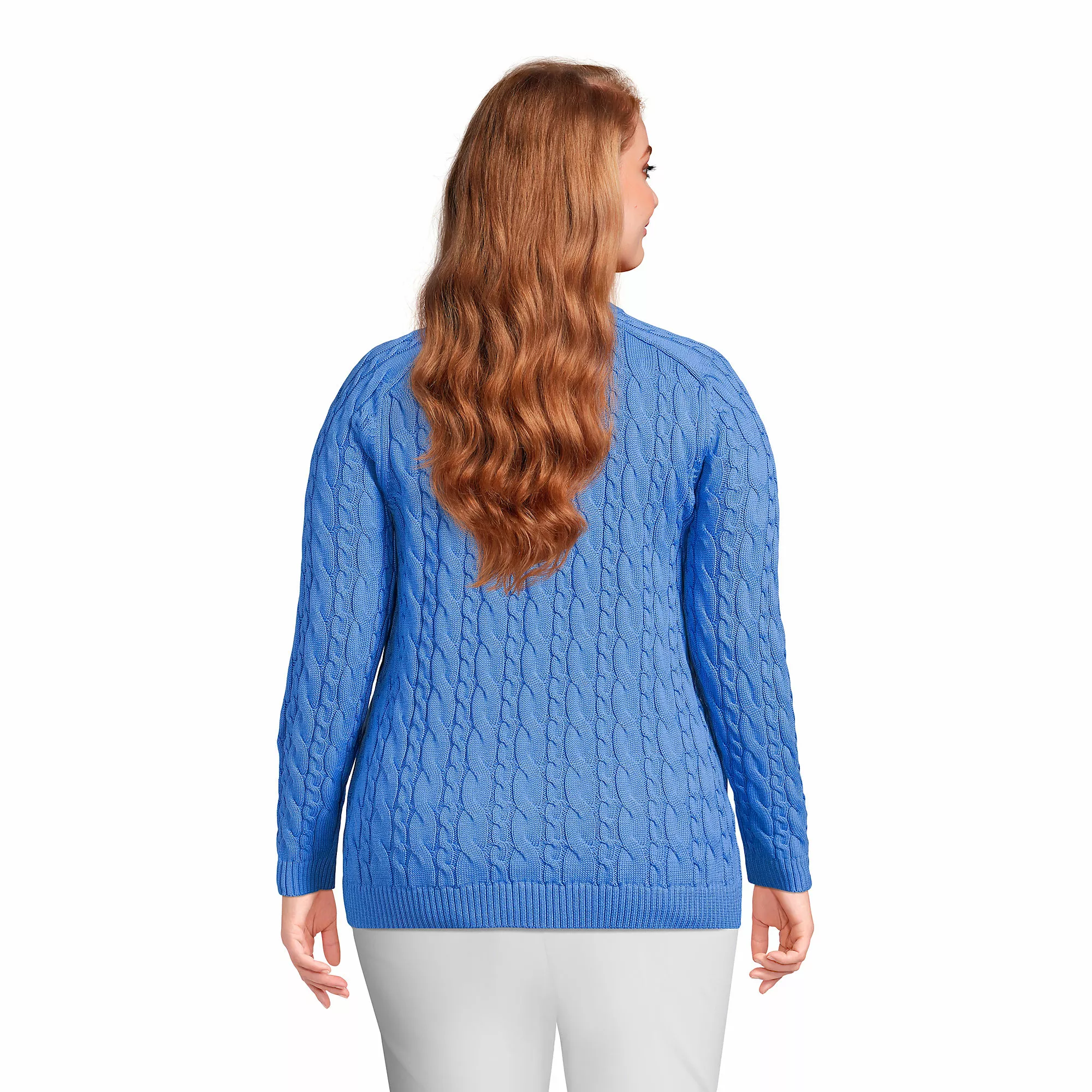 Lands' End Women's Plus Size Cotton Drifter Cable Crew Neck Sweater - Image 2
