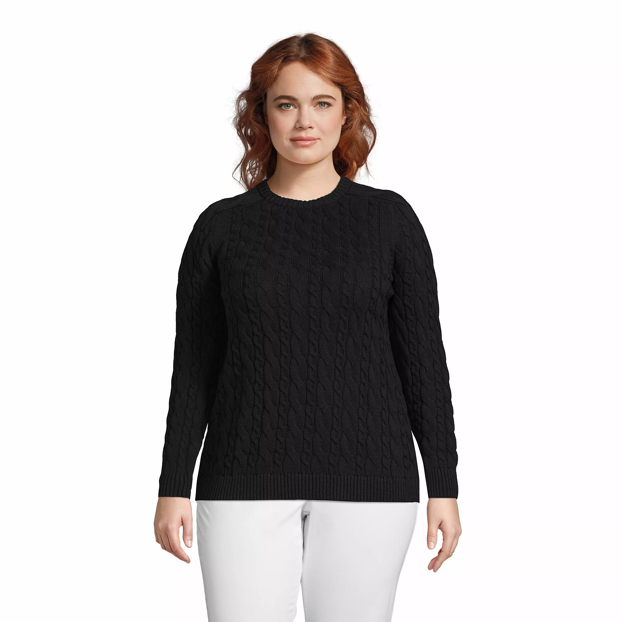 Lands' End Women's Plus Size Cotton Drifter Cable Crew Neck Sweater