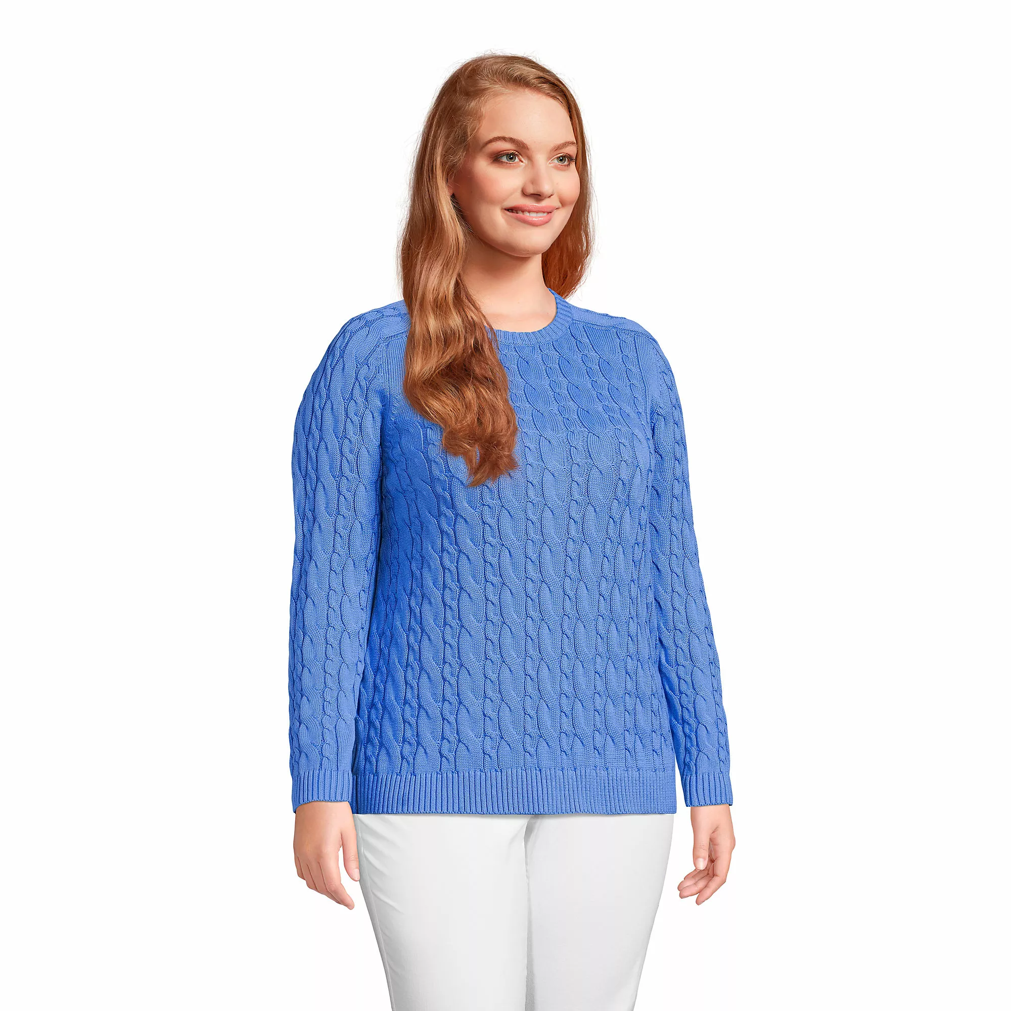 Lands' End Women's Plus Size Cotton Drifter Cable Crew Neck Sweater - Image 3