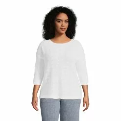 Lands' End Women's Plus Size Linen Cotton 3/4 Sleeve Boatneck Sweater