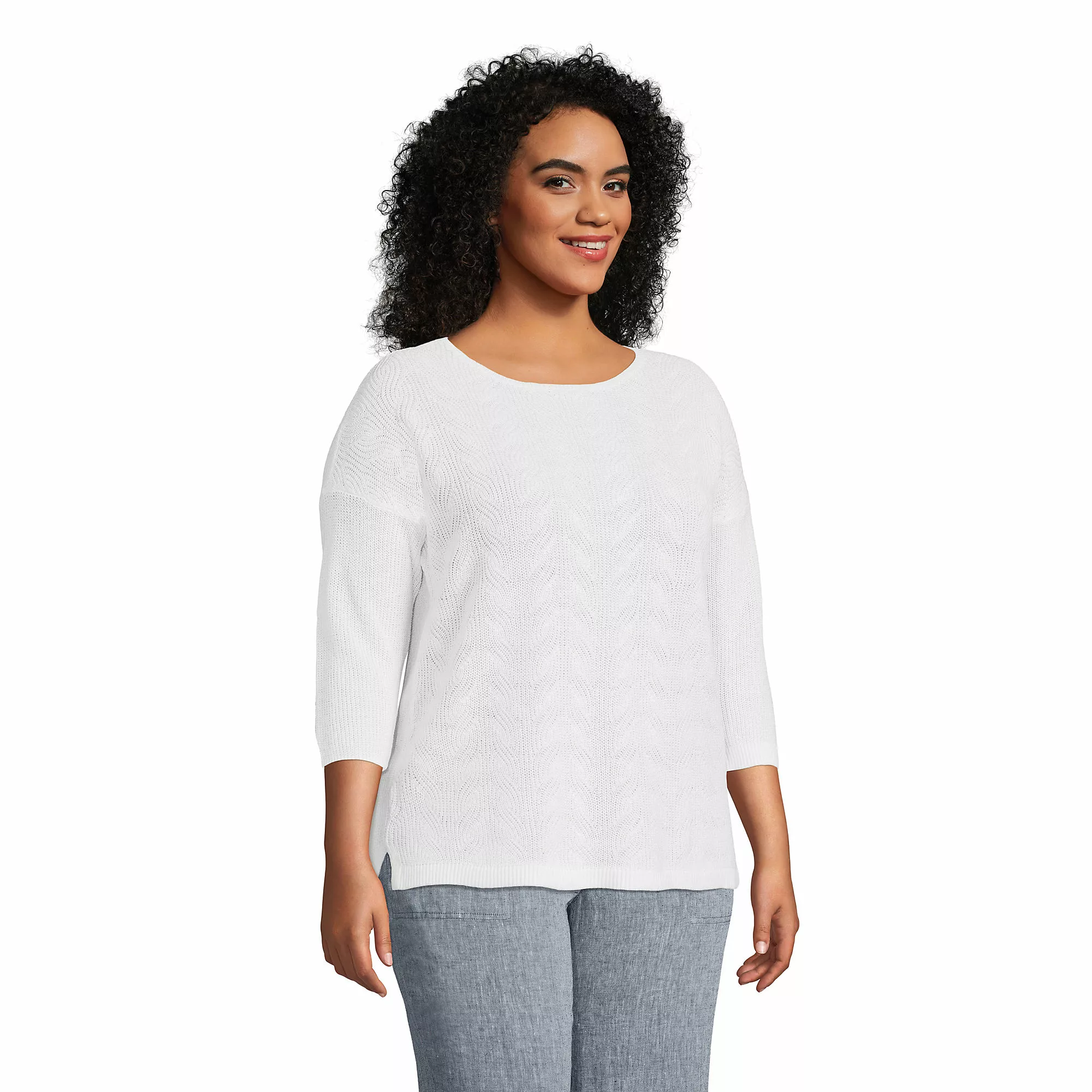 Lands' End Women's Plus Size Linen Cotton 3/4 Sleeve Boatneck Sweater - Image 3