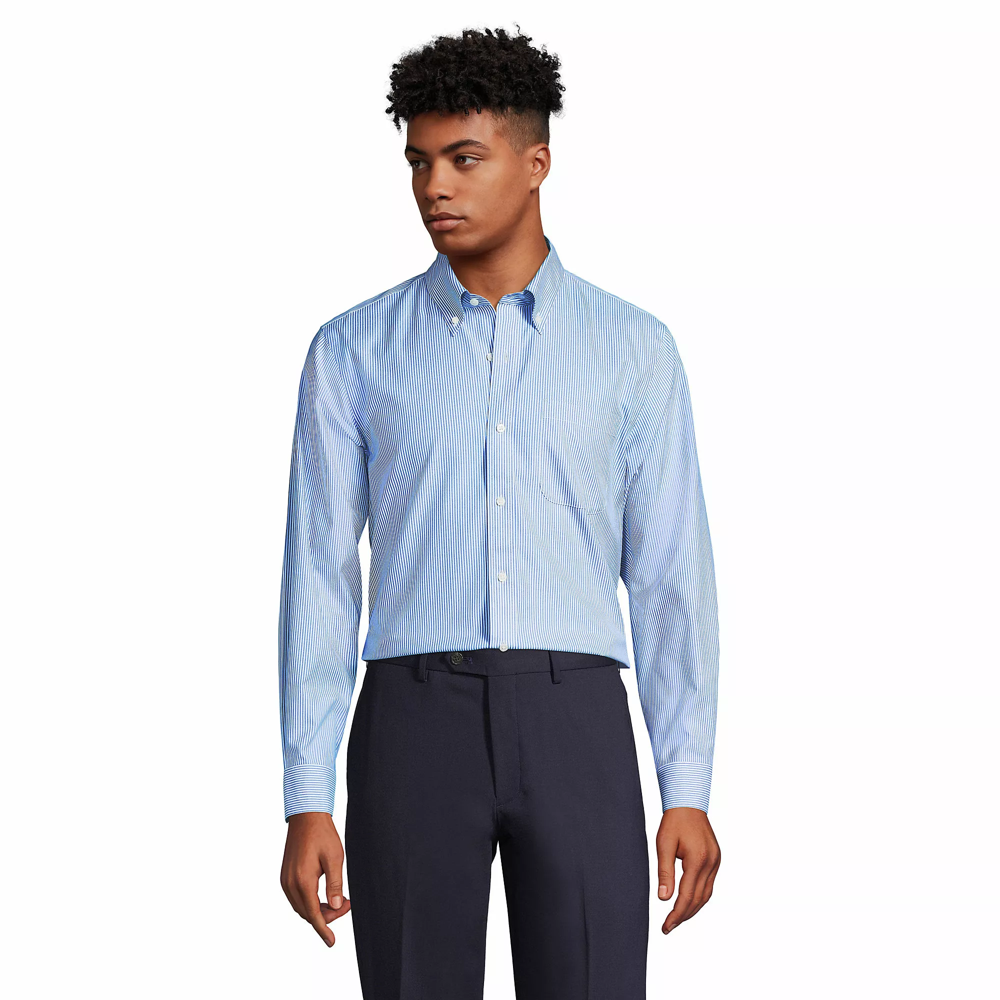 Lands' End Men's Solid Stretch No Iron Supima Pinpoint Buttondown Collar Dress Shirt - Image 3