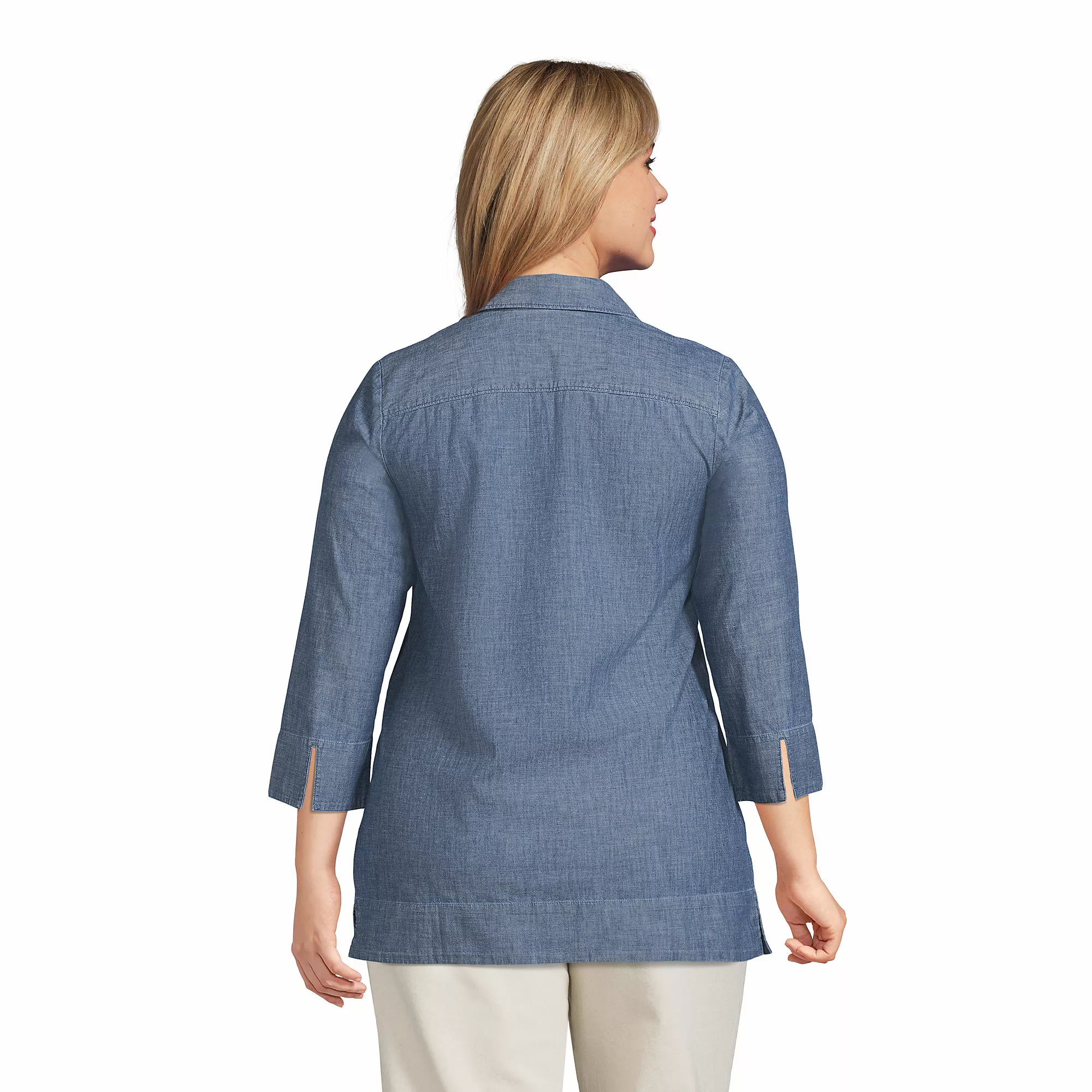 Lands' End Women's Plus Size Cotton 3/4 Sleeve Split Neck Tunic Top - Image 2