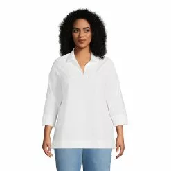Lands' End Women's Plus Size Cotton 3/4 Sleeve Split Neck Tunic Top