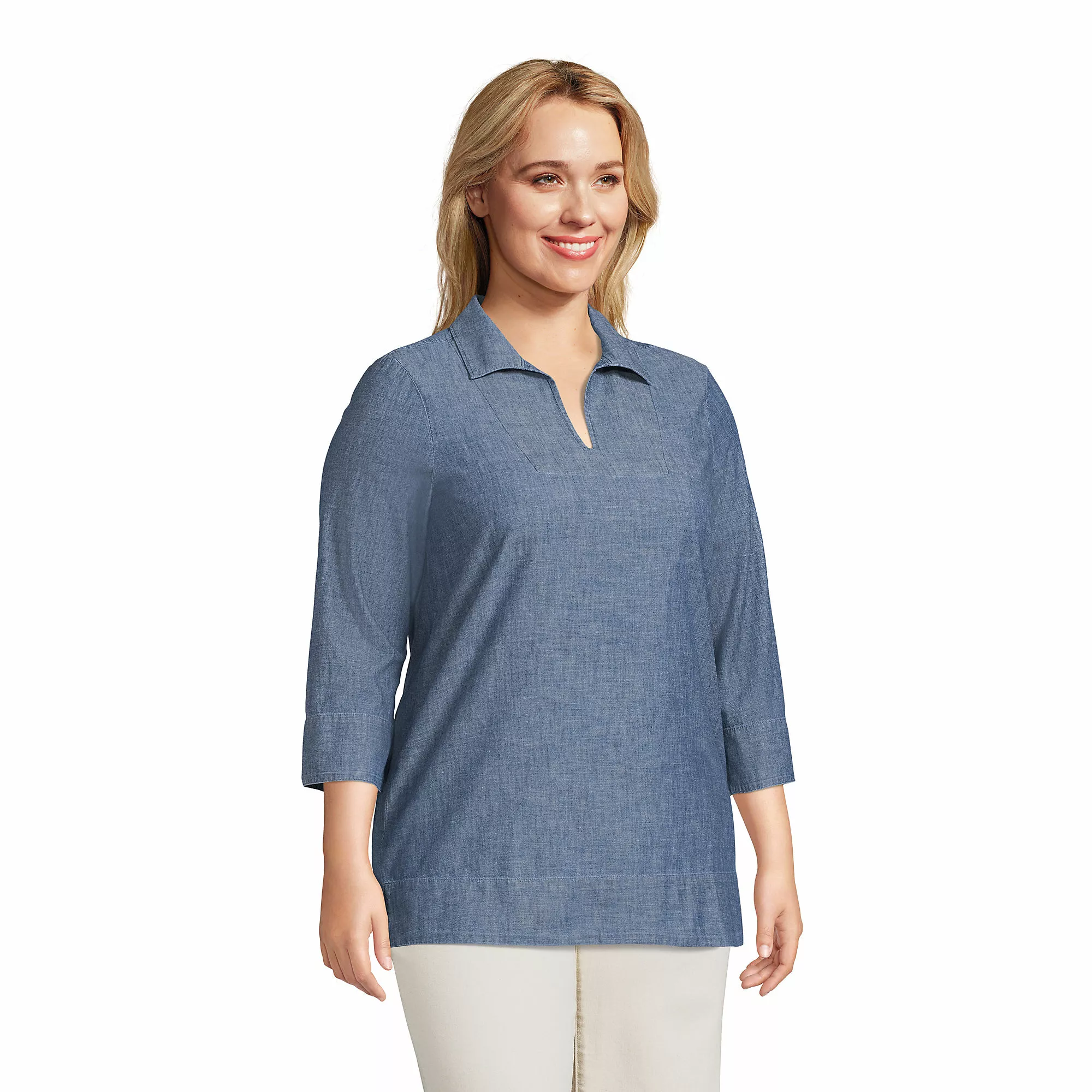 Lands' End Women's Plus Size Cotton 3/4 Sleeve Split Neck Tunic Top - Image 3