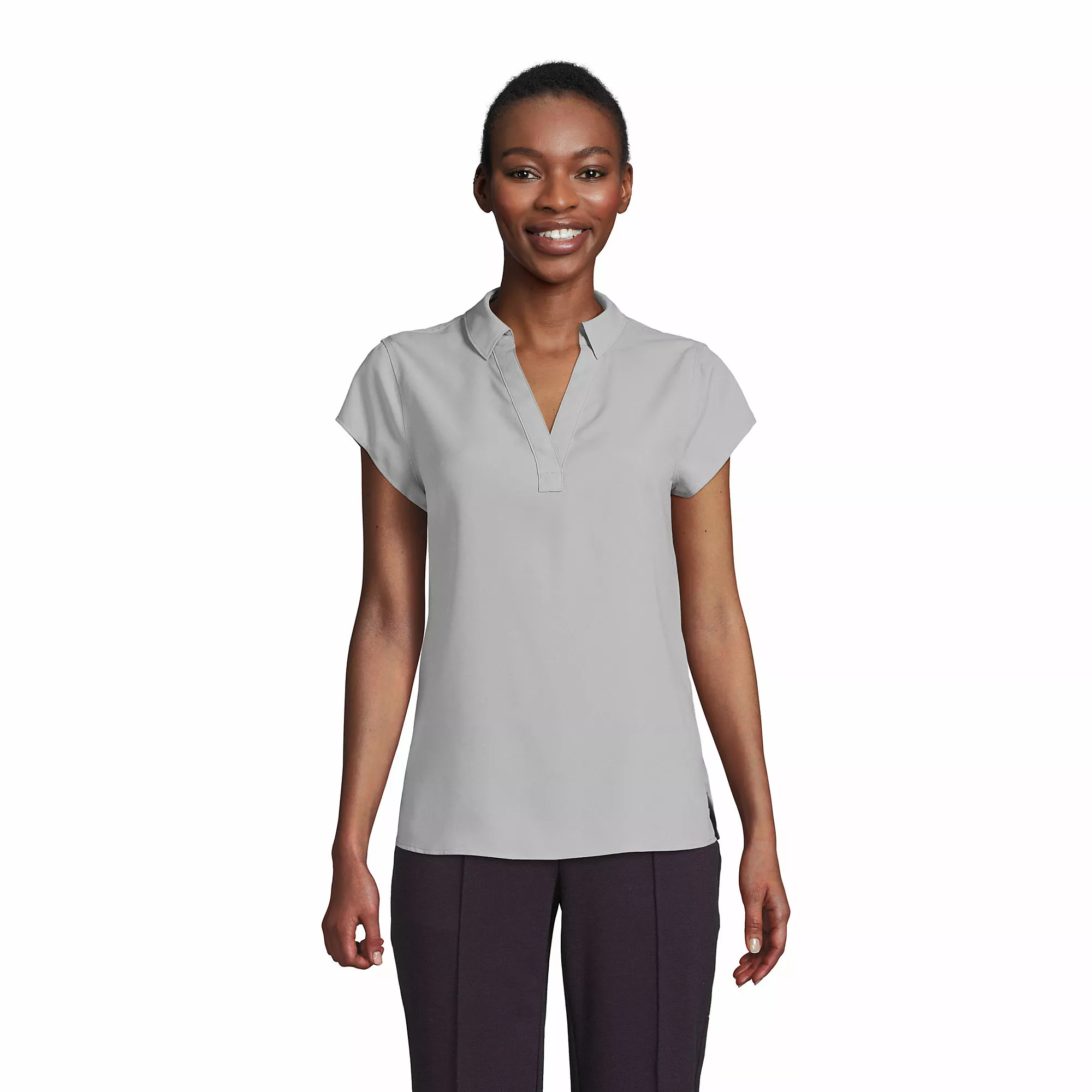 Lands' End Women's Short Sleeve Split Neck Crepe Blouse