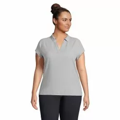 Lands' End Women's Plus Size Short Sleeve Split Neck Crepe Blouse