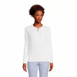 Lands' End Women's Drifter Cotton Cable Lace Up Sweater Top