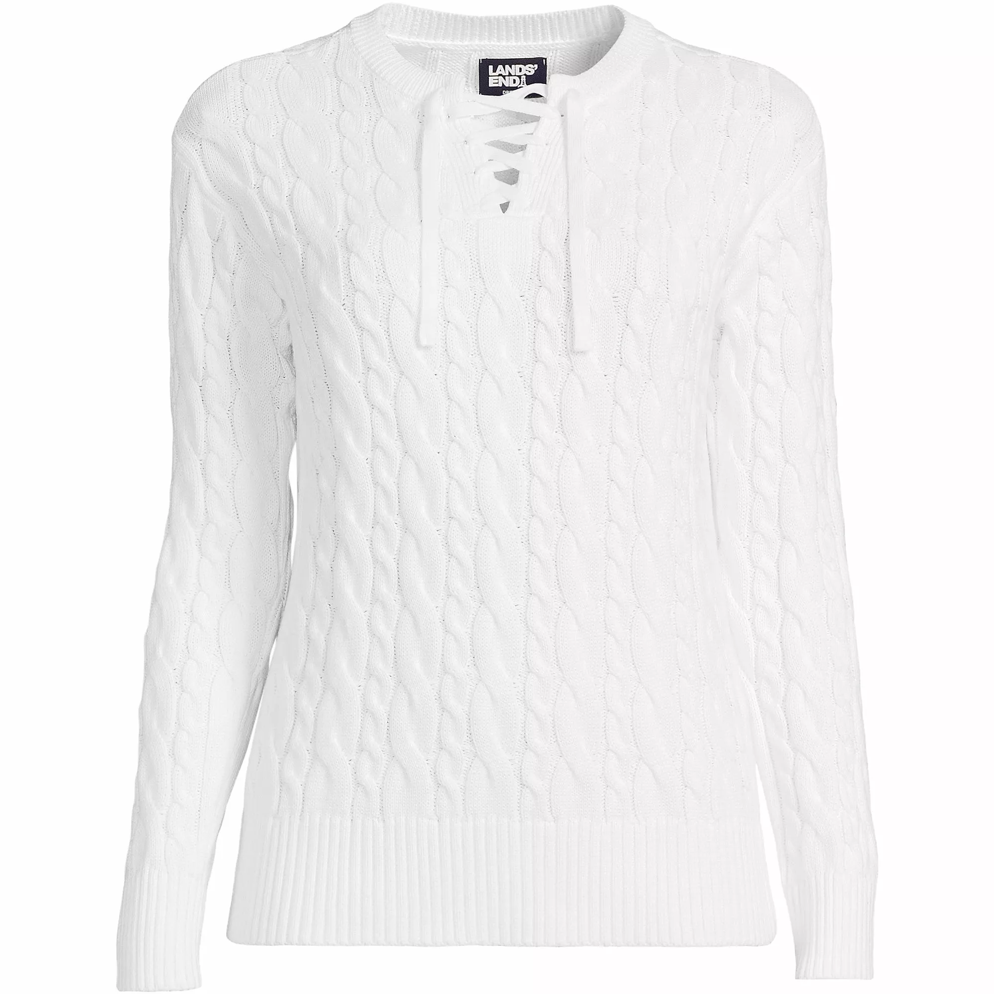 Lands' End Women's Plus Size Drifter Cotton Cable Lace Up Sweater Top - Image 5