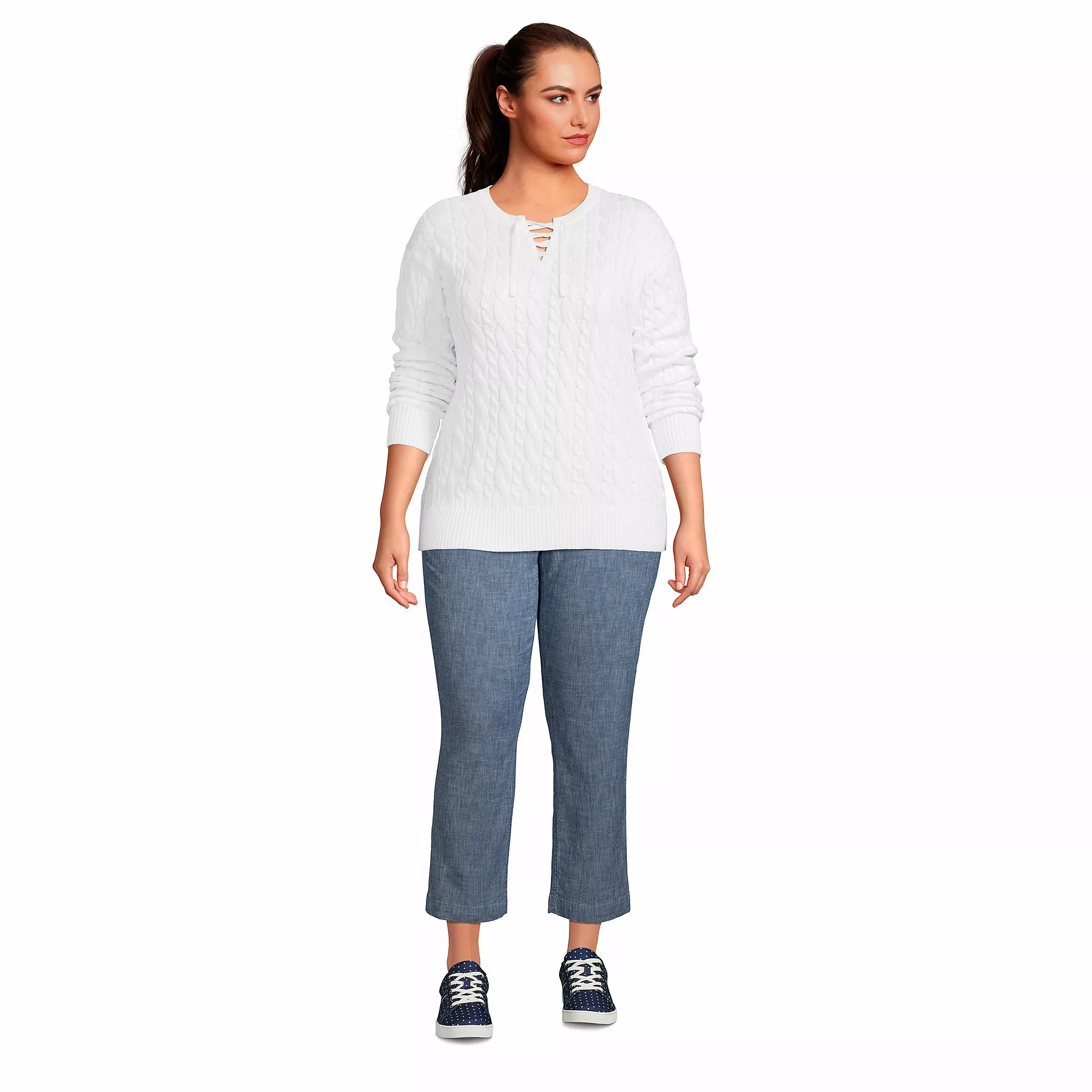 Lands' End Women's Plus Size Drifter Cotton Cable Lace Up Sweater Top - Image 4
