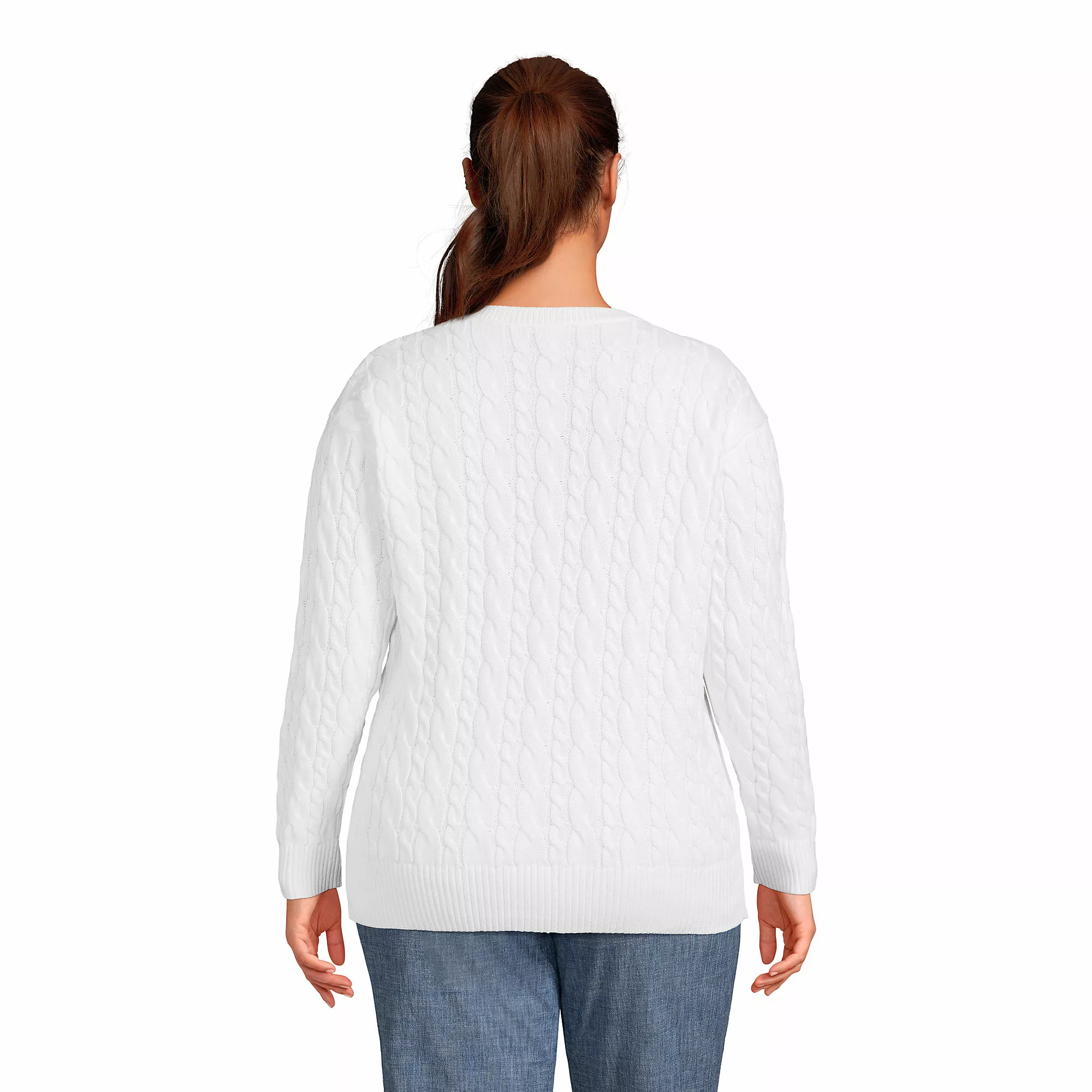 Lands' End Women's Plus Size Drifter Cotton Cable Lace Up Sweater Top - Image 2