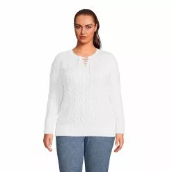 Lands' End Women's Plus Size Drifter Cotton Cable Lace Up Sweater Top