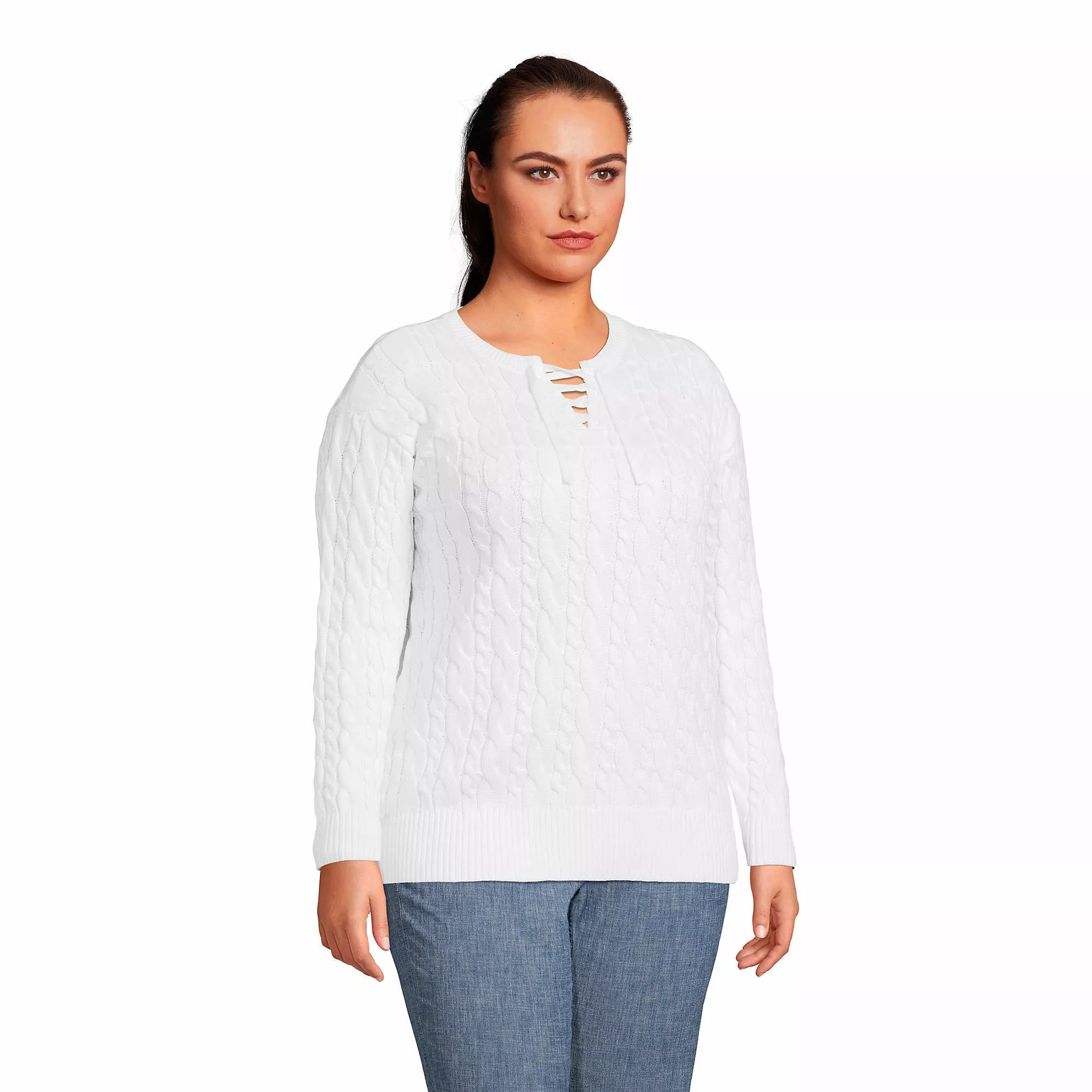 Lands' End Women's Plus Size Drifter Cotton Cable Lace Up Sweater Top - Image 3