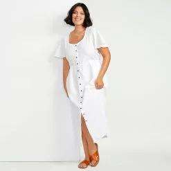 Lands' End Women's Plus Size Linen Sweetheart Button Front Midi Dress