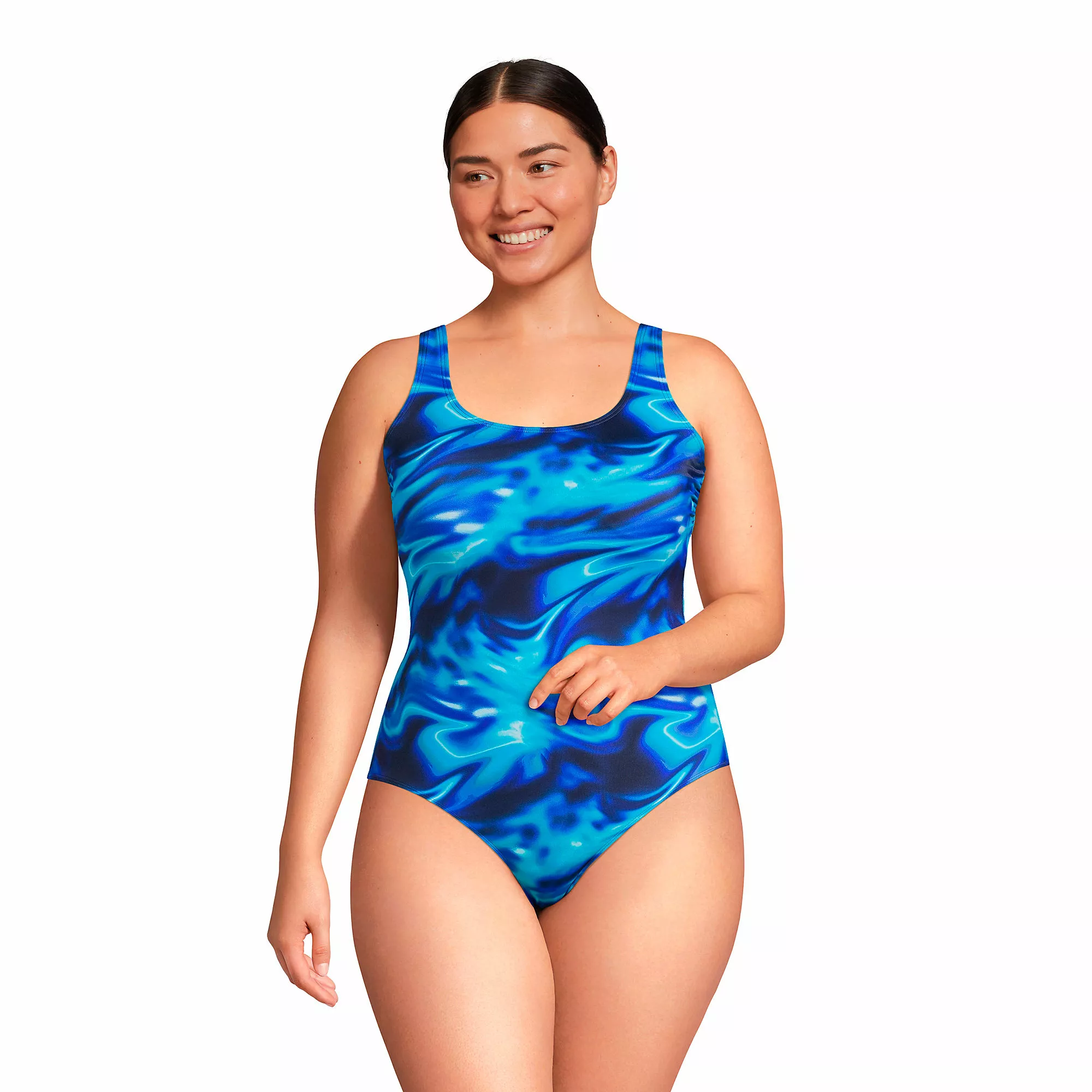 Lands' End Women's Plus Size Chlorine Resistant Scoop Neck High Leg Soft Cup Tugless Sporty One Piece Swimsuit - Image 3