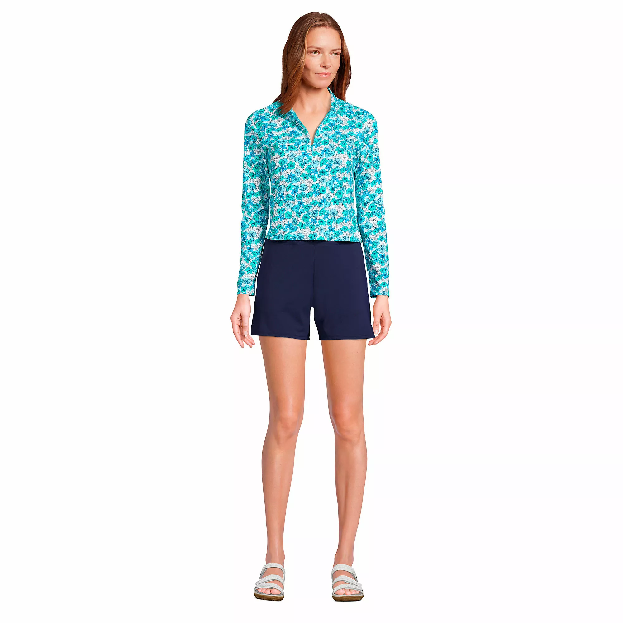 Lands' End Women's UPF50 Sun Protection Short Swim Cover-up Set Long Sleeve Quarter Zip Top And Shorts - Image 5