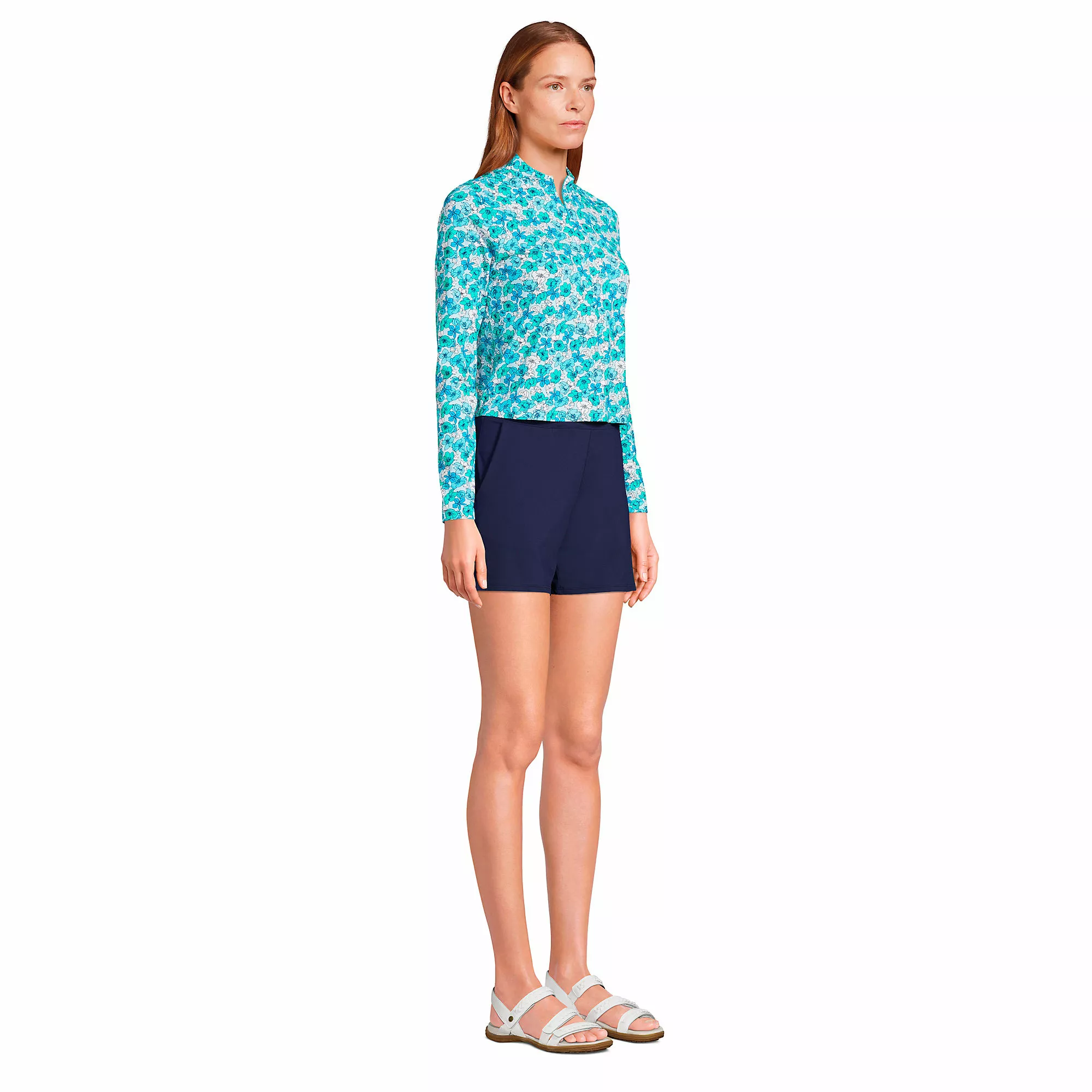 Lands' End Women's UPF50 Sun Protection Short Swim Cover-up Set Long Sleeve Quarter Zip Top And Shorts - Image 4