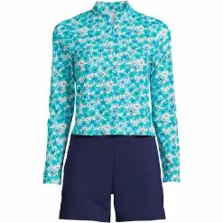Lands' End Women's UPF50 Sun Protection Short Swim Cover-up Set Long Sleeve Quarter Zip Top And Shorts