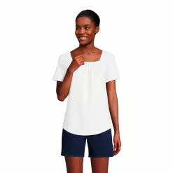 Lands' End Women's Short Sleeve Light Weight Smocked Square Neck Top