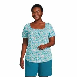 Lands' End Women's Plus Size Short Sleeve Light Weight Smocked Square Neck Top