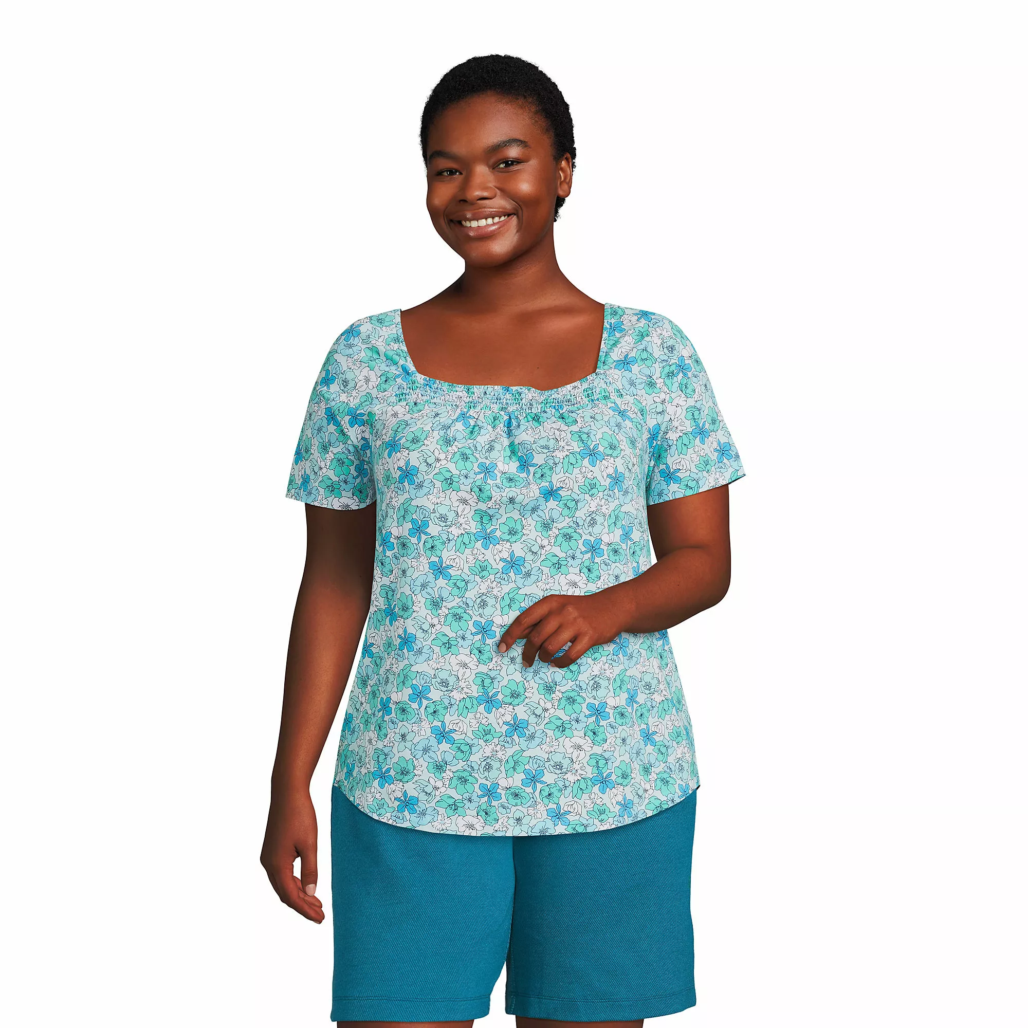 Lands' End Women's Plus Size Short Sleeve Light Weight Smocked Square Neck Top