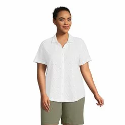Lands' End Women's Plus Size Knit Short Sleeve Eyelet Button Front Tunic