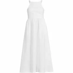 Lands' End Women's Plus Size Linen Sleeveless Halter High Neck Midi Dress