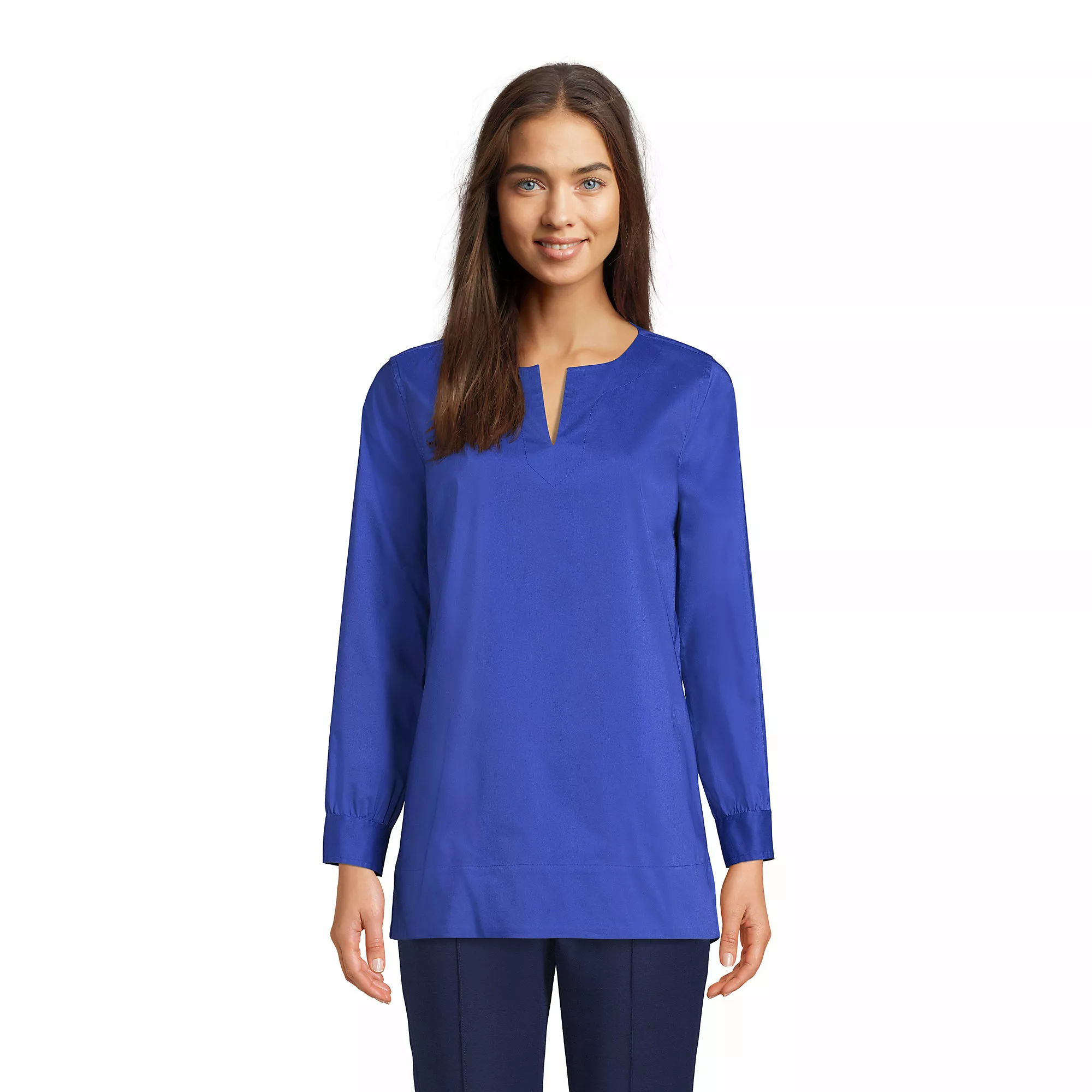 Lands' End Women's Stretch Broadcloth Long Sleeve Split Neck Tunic