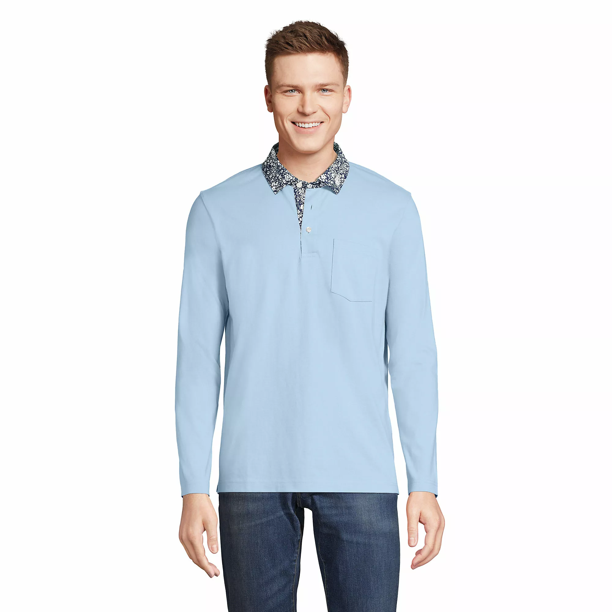Lands' End Men's Super-T Long Sleeve Poplin Collar Pocket Polo Shirt