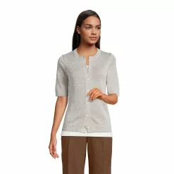 Lands' End Women's Linen Elbow Sleeve Crew Neck Cardigan Sweater