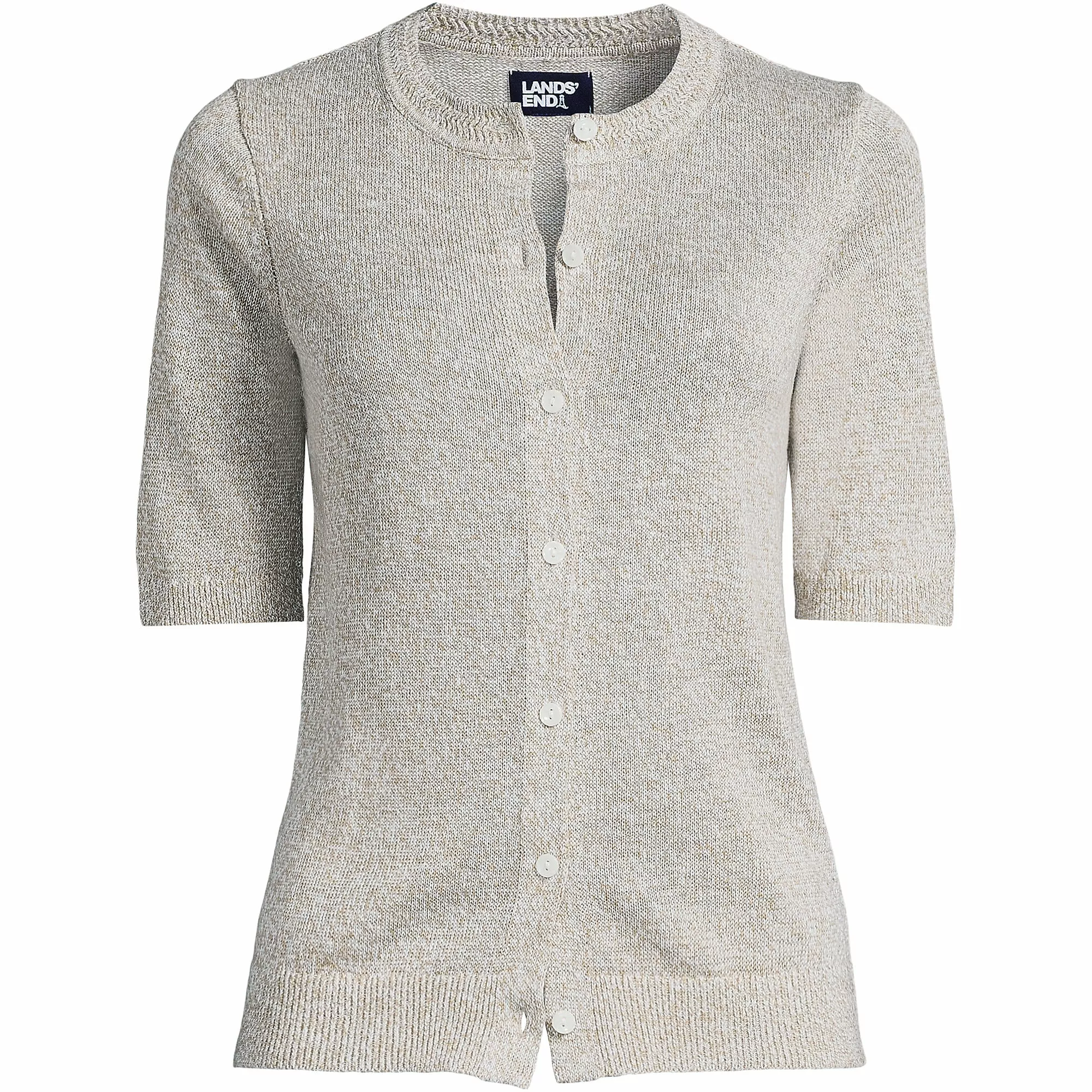 Lands' End Women's Linen Elbow Sleeve Crew Neck Cardigan Sweater - Image 5