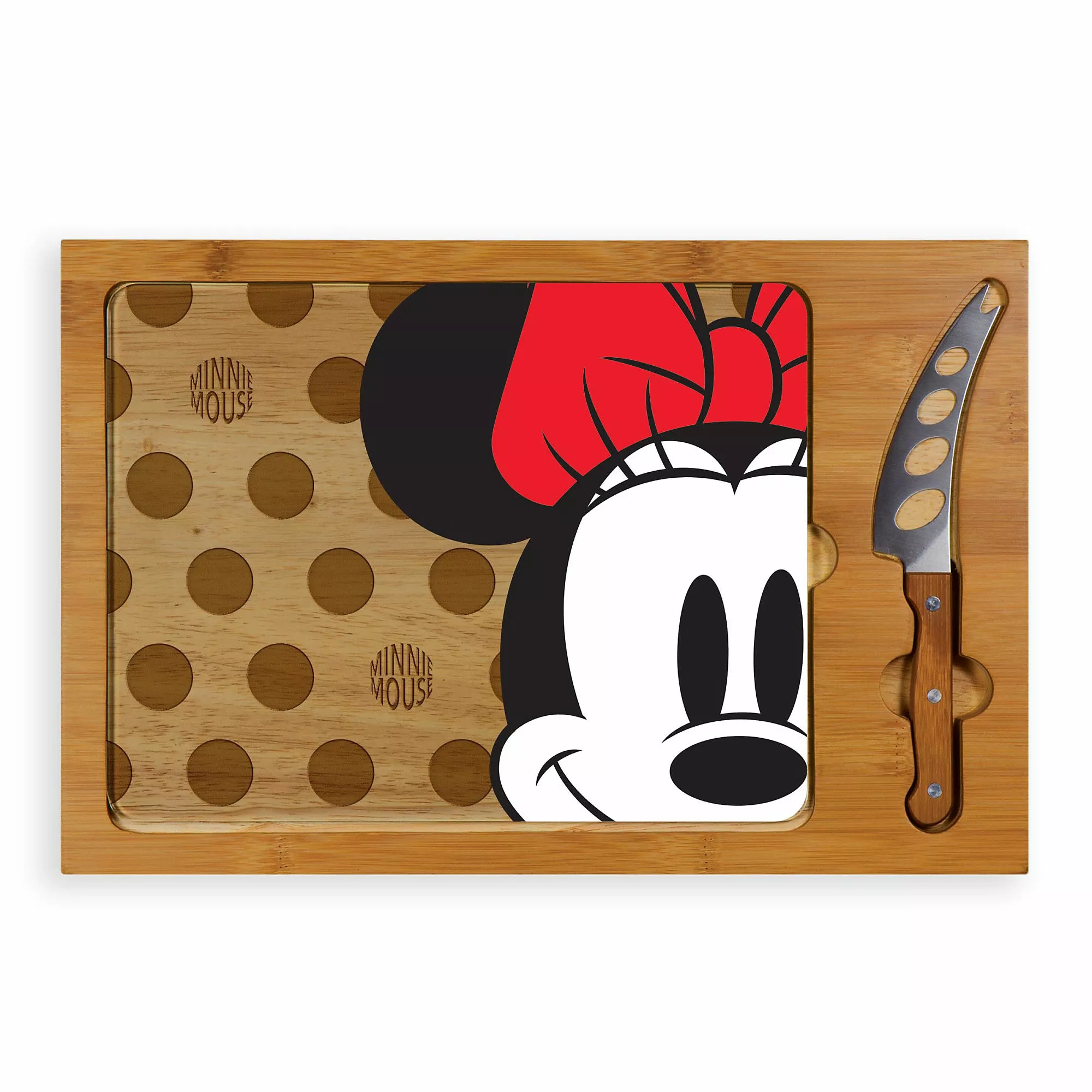 Picnic Time Minnie Mouse Icon Glass Top Cutting Board And Knife Set